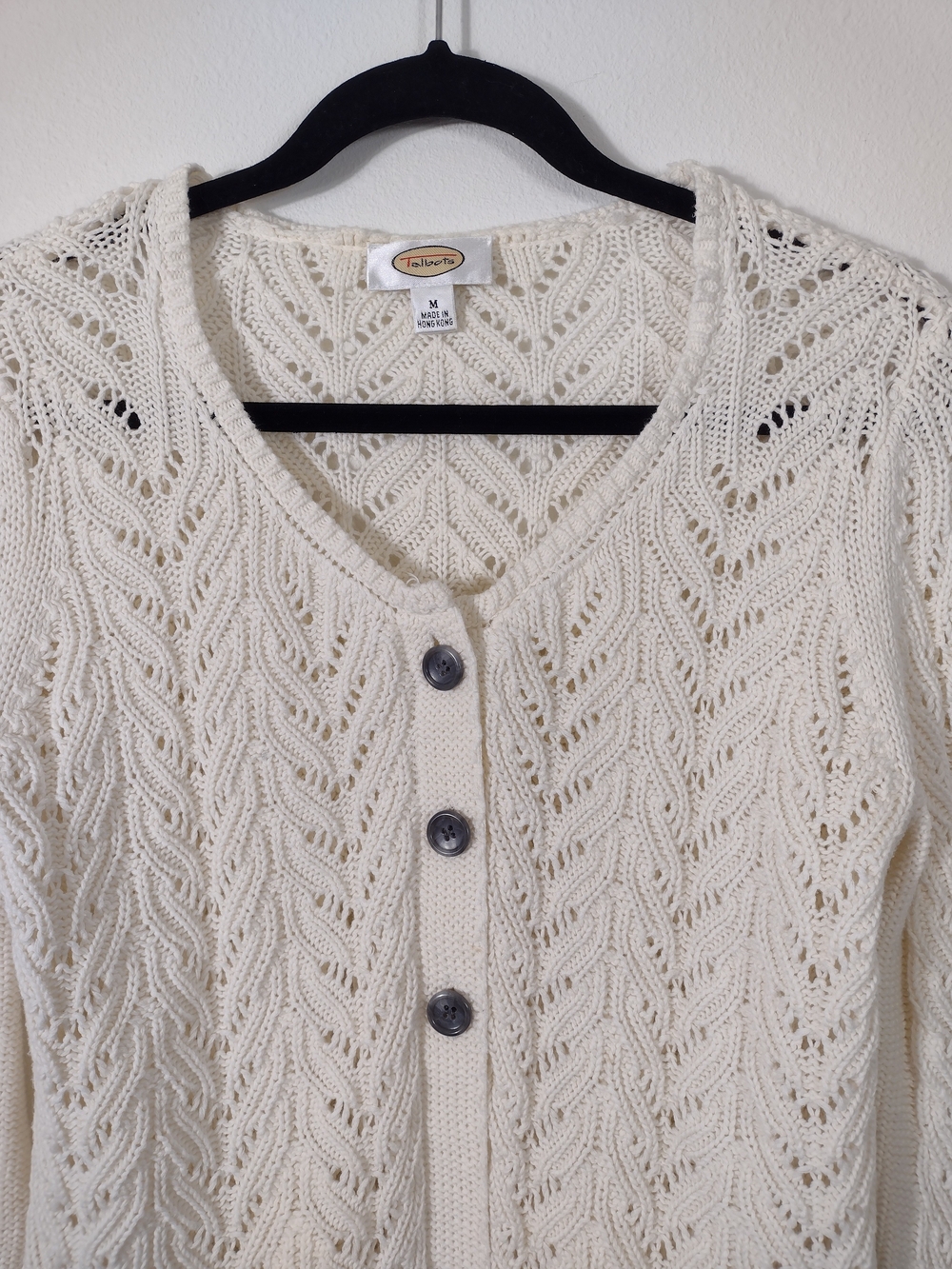 Vintage Talbots Top Button Split Placket Pointelle Knit 7/8 Sleeve Cardigan - Picture 4 of 13